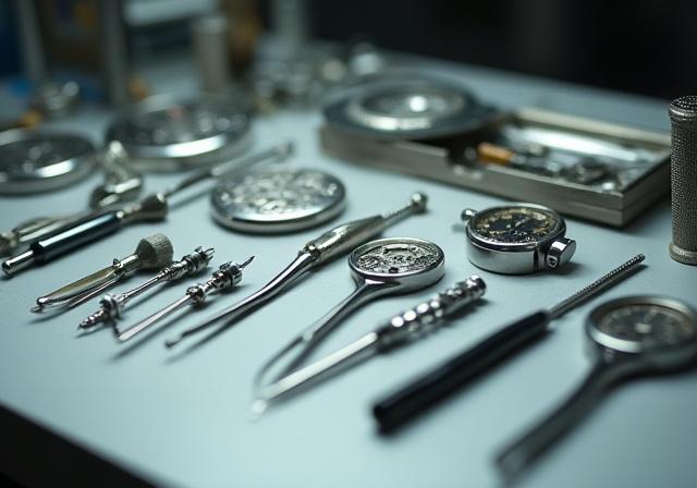 An array of precision watch repair tools laid out neatly on a workbench.